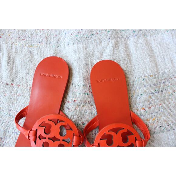 Tory Burch Orange Miller Square Toe Leather Thong Slides Sandals Size 6.5M - Picture 2 of 4
